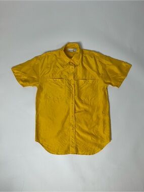 Vintage 90s Backroad Blues 100% Silk Short Sleeve Button Down Blouse Yellow (S)